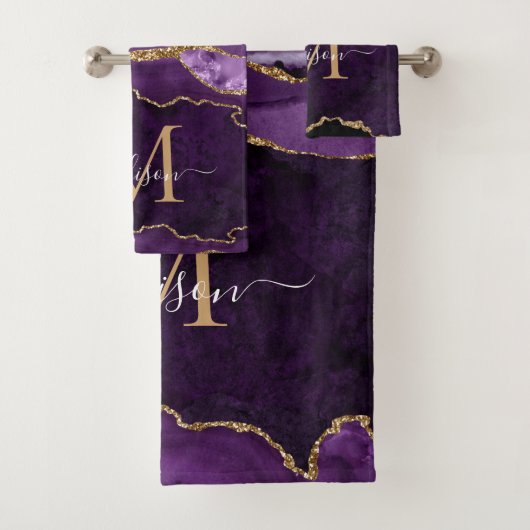 Agate Geode Paars Violet Gold Monogram script Bad Handdoek (Insitu)