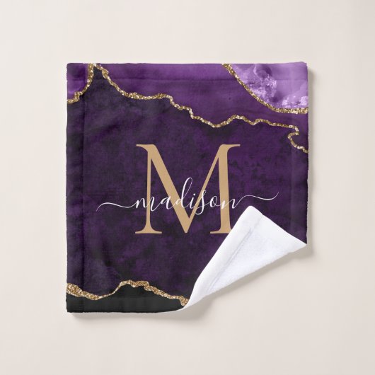 Agate Geode Paars Violet Gold Monogram script Bad Handdoek (Wasdoekje)