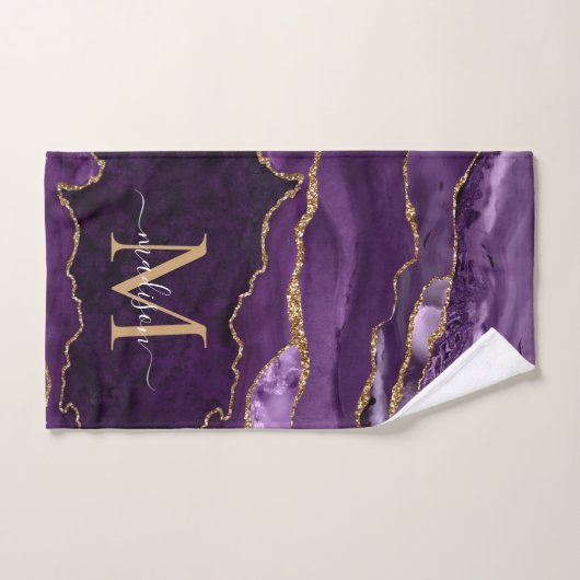 Agate Geode Paars Violet Gold Monogram script Bad Handdoek (Handdoek)