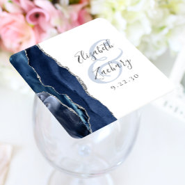Agate Geode Schrift Navy Blau Zilveren Bruiloft Kartonnen Onderzetters