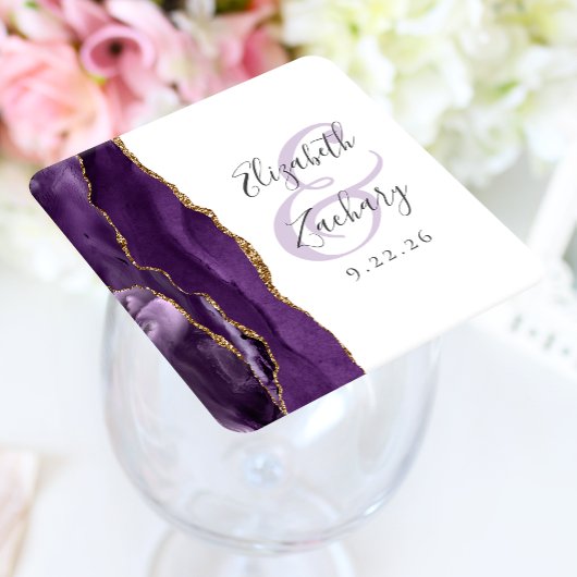 Agate Geode Schrift Paarse Gouden Bruiloft Kartonnen Onderzetters