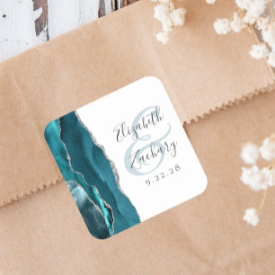 Agate Geode Schrift Teal Blau Zilveren Bruiloft Vierkante Sticker