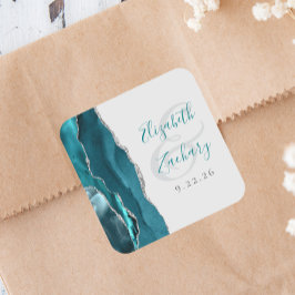 Agate Geode Schrift Teal Blauw Zilver Grijs Trouwe Vierkante Sticker