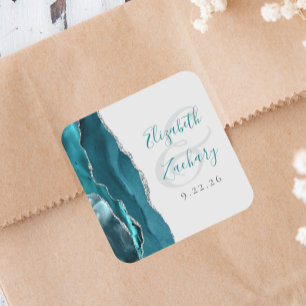 Agate Geode Schrift Teal Blauw Zilver Grijs Trouwe Vierkante Sticker