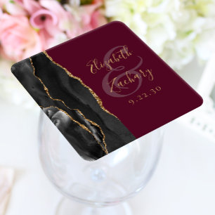 Agate Geode Schrift Zwart Goud Bourgondi Trouwdag Kartonnen Onderzetters