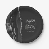 Agate Geode Schrift Zwart Zilver Donkere Bruiloft Papieren Bordje (Voorkant)