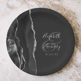 Agate Geode Schrift Zwart Zilver Donkere Bruiloft Papieren Bordje