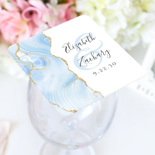 Agate Geode Script Baby Blue Gouden Bruiloft Kartonnen Onderzetters