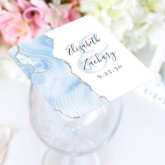Agate Geode Script Baby Blue Zilveren Bruiloft Kartonnen Onderzetters