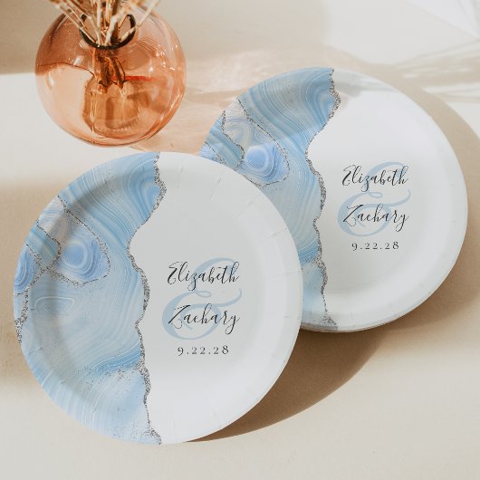 Agate Geode Script Baby Blue Zilveren Bruiloft Papieren Bordje