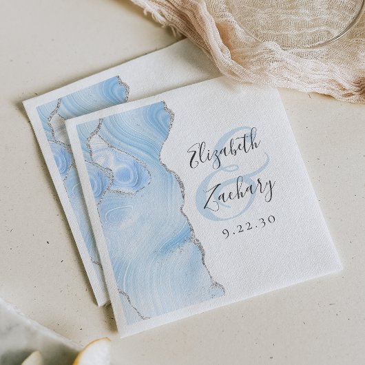 Agate Geode Script Baby Blue Zilveren Bruiloft Servet