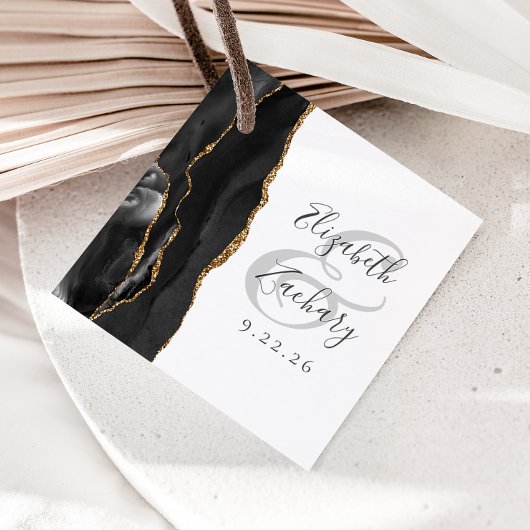 Agate Geode Script Black Gold Wedding Bedankjes Labels