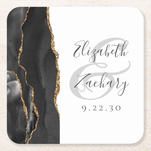 Agate Geode Script Black Gold Wedding Kartonnen Onderzetters (Voorkant)