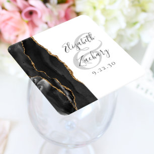 Agate Geode Script Black Gold Wedding Kartonnen Onderzetters