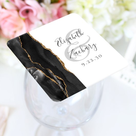 Agate Geode Script Black Gold Wedding Kartonnen Onderzetters