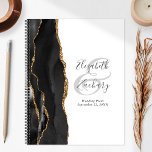 Agate Geode Script Black Gold Wedding Plans Planner<br><div class="desc">Deze elegante moderne trouwplanner is voorzien van een zwarte waterverf die is getrimd met faux goudglitter. Pas eenvoudig de tekst van de houtskool grijs op een witte achtergrond, met de namen van de bruid en groom in handschriftelende kalligrafie over een groot, bleek grijs ampersand aan. Voeg onderstaande titel en trouwdatum...</div>