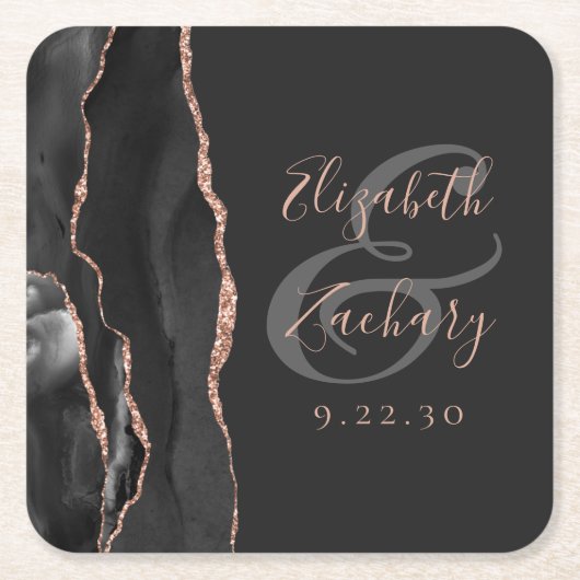 Agate Geode Script Black Roos Gold Dark Weddenscha Kartonnen Onderzetters (Voorkant)