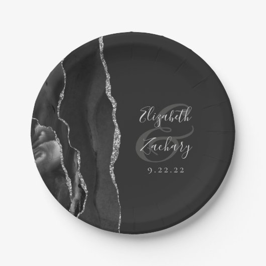 Agate Geode Script Black Silver Dark Wedding Papieren Bordje (Voorkant)