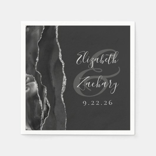 Agate Geode Script Black Silver Dark Wedding Servet (Voorkant)