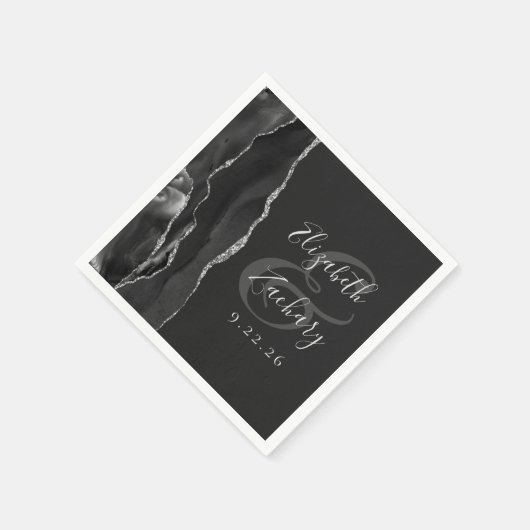 Agate Geode Script Black Silver Dark Wedding Servet (Hoek)
