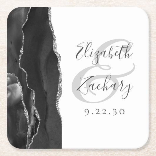 Agate Geode Script Black Silver Wedding Kartonnen Onderzetters (Voorkant)