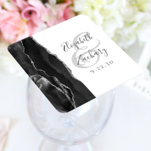 Agate Geode Script Black Silver Wedding Kartonnen Onderzetters