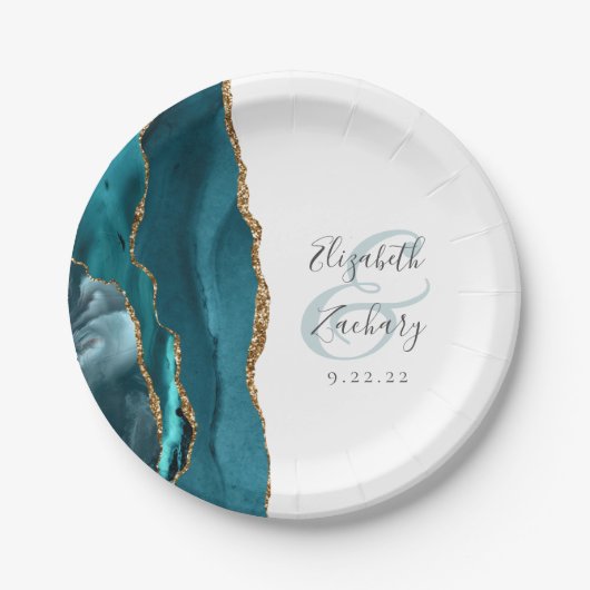 Agate Geode Script Blauwgroen Gold Wedding Papieren Bordje (Voorkant)