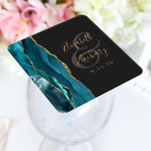 Agate Geode Script Blauwgroen gouden donkere bruil Kartonnen Onderzetters