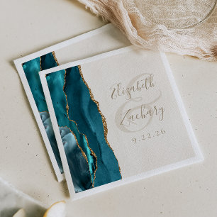 Agate Geode Script Blauwgroen gouden ivoor bruilof Servet