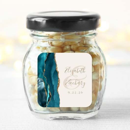 Agate Geode Script Blauwgroen gouden ivoor bruilof Vierkante Sticker