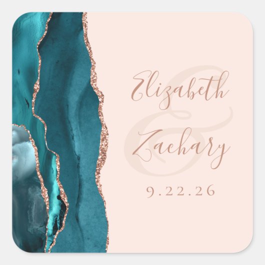 Agate Geode Script Blauwgroen Roos Gold Blush Wedd Vierkante Sticker (Voorkant)