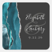 Agate Geode Script Blauwgroen Silver Dark Wedding Vierkante Sticker (Voorkant)