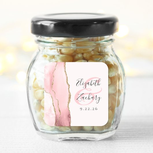 Agate Geode Script Blush Roze Gouden Trouw Vierkante Sticker
