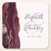 Agate Geode Script Bourgondië Goud Blush Bruiloft Kartonnen Onderzetters (Voorkant)
