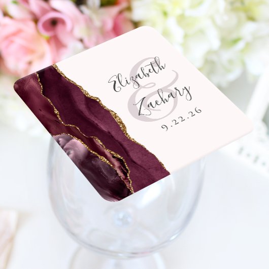 Agate Geode Script Bourgondië Goud Blush Bruiloft Kartonnen Onderzetters