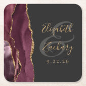Agate Geode Script Bourgondië Goud Donkere Bruilof Kartonnen Onderzetters (Voorkant)
