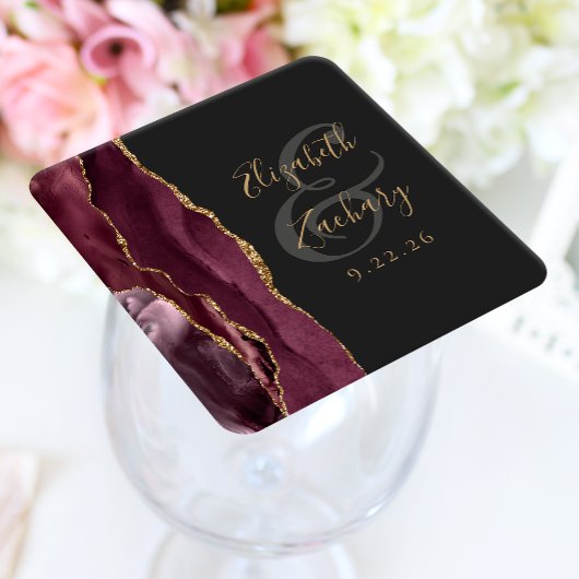 Agate Geode Script Bourgondië Goud Donkere Bruilof Kartonnen Onderzetters