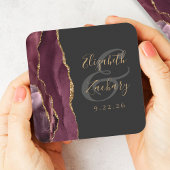 Agate Geode Script Bourgondië Goud Donkere Bruilof Kartonnen Onderzetters