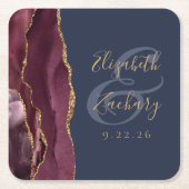 Agate Geode Script Bourgondië Goud Navyblauw Bruil Kartonnen Onderzetters (Voorkant)