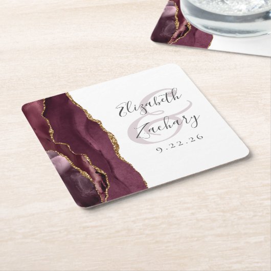 Agate Geode Script Bourgondië Gouden Bruiloft Kartonnen Onderzetters (Schuin)