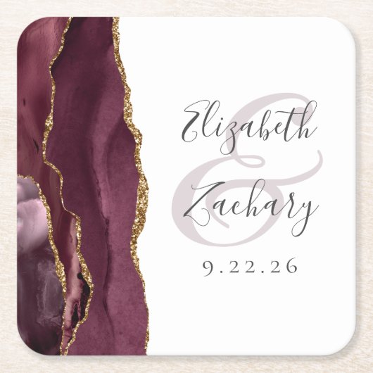 Agate Geode Script Bourgondië Gouden Bruiloft Kartonnen Onderzetters (Voorkant)