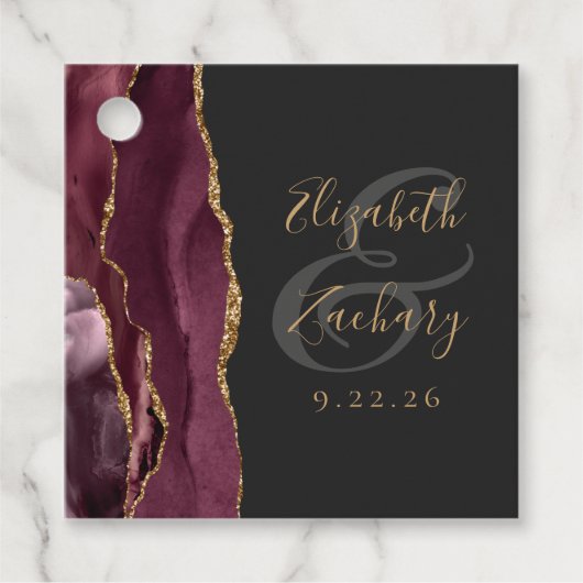 Agate Geode Script Burgundy Gold Donkere bruiloft Bedankjes Labels (Voorkant)