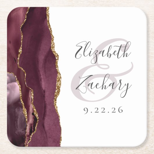 Agate Geode Script Burgundy Gold Wedding Kartonnen Onderzetters (Voorkant)