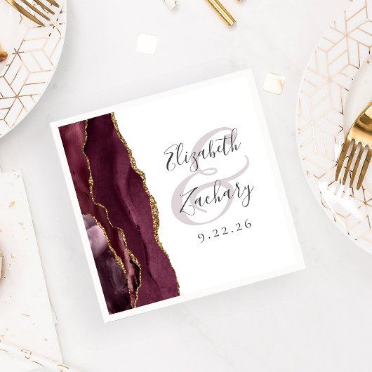 Agate Geode Script Burgundy Gold Wedding Servet