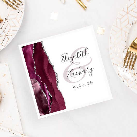 Agate Geode Script Burgundy Silver Wedding Servet