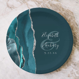 Agate Geode Script Dark Teal Silver Wedding Papieren Bordje