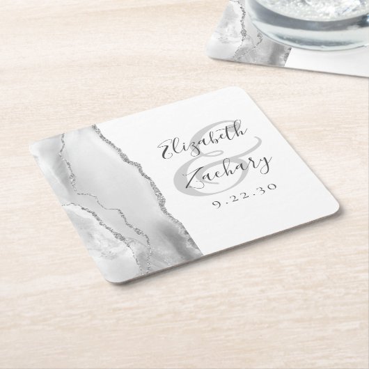Agate Geode Script Grey White Silver Wedding Kartonnen Onderzetters (Schuin)