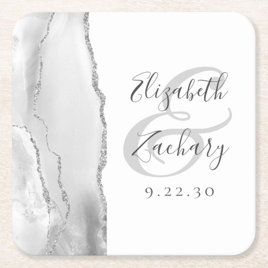 Agate Geode Script Grey White Silver Wedding Kartonnen Onderzetters (Voorkant)