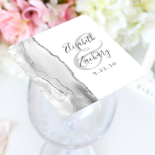 Agate Geode Script Grey White Silver Wedding Kartonnen Onderzetters