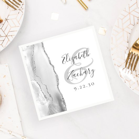 Agate Geode Script Grey White Silver Wedding Servet